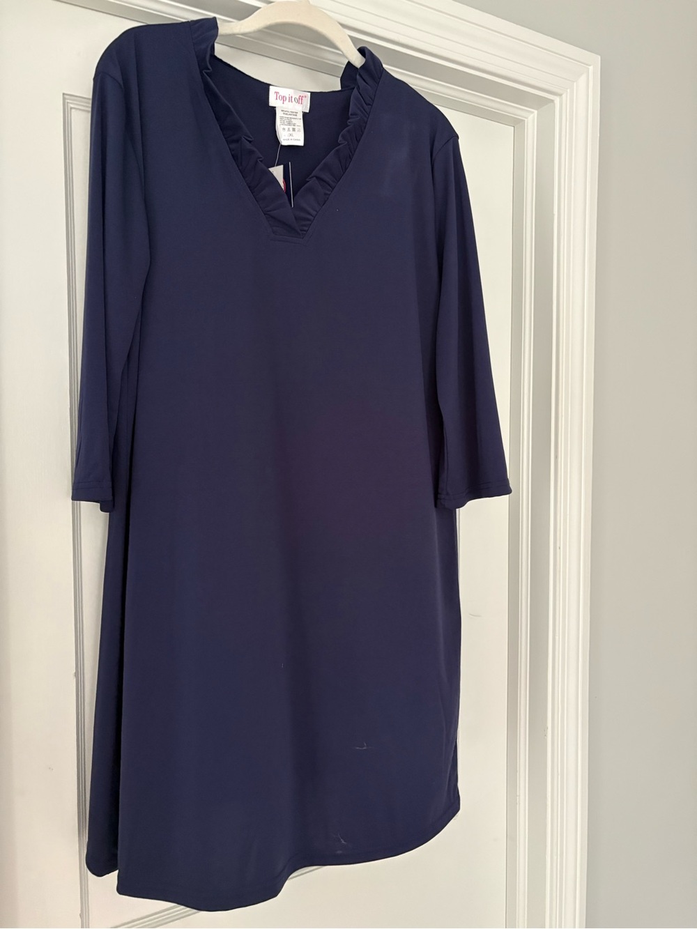 Top It Off Women's Navy Ruffle V-Neck Shift Dress